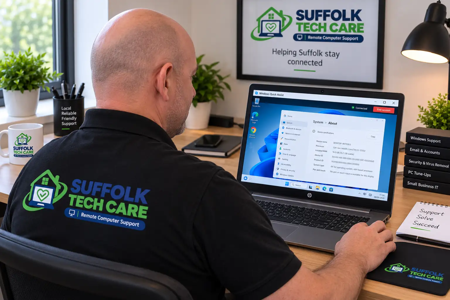 Andy from Suffolk Tech Care providing remote Windows computer support from his desk